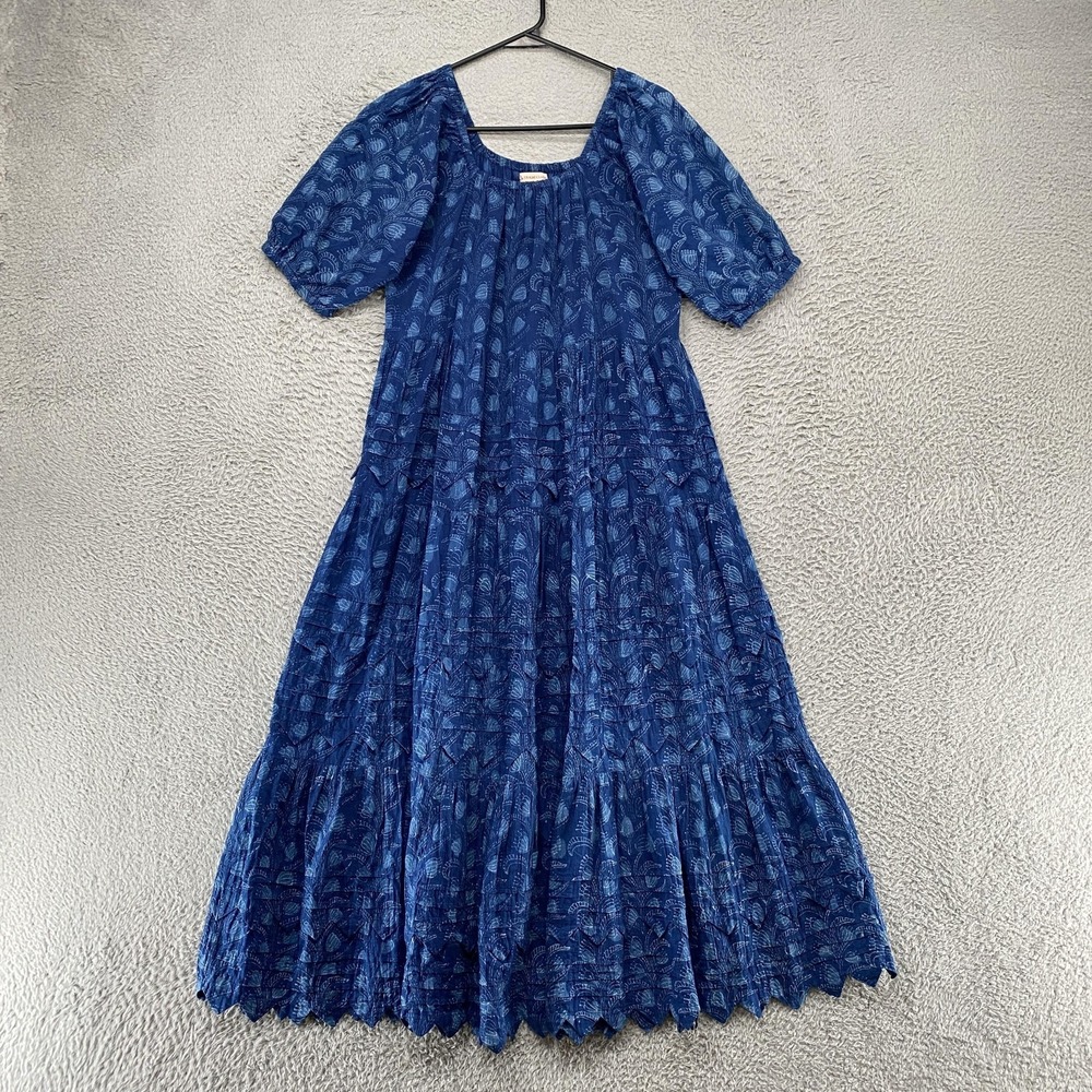 Trade Cloth Dress Womens Small Blue Floral Puff Sleeve Maxi Cotton Boho Empire